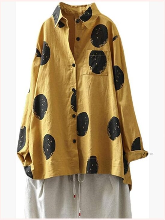 Tops - Women's Cotton Button Down Tunic Top Polka Blouse Long Sleeve Loose Fit